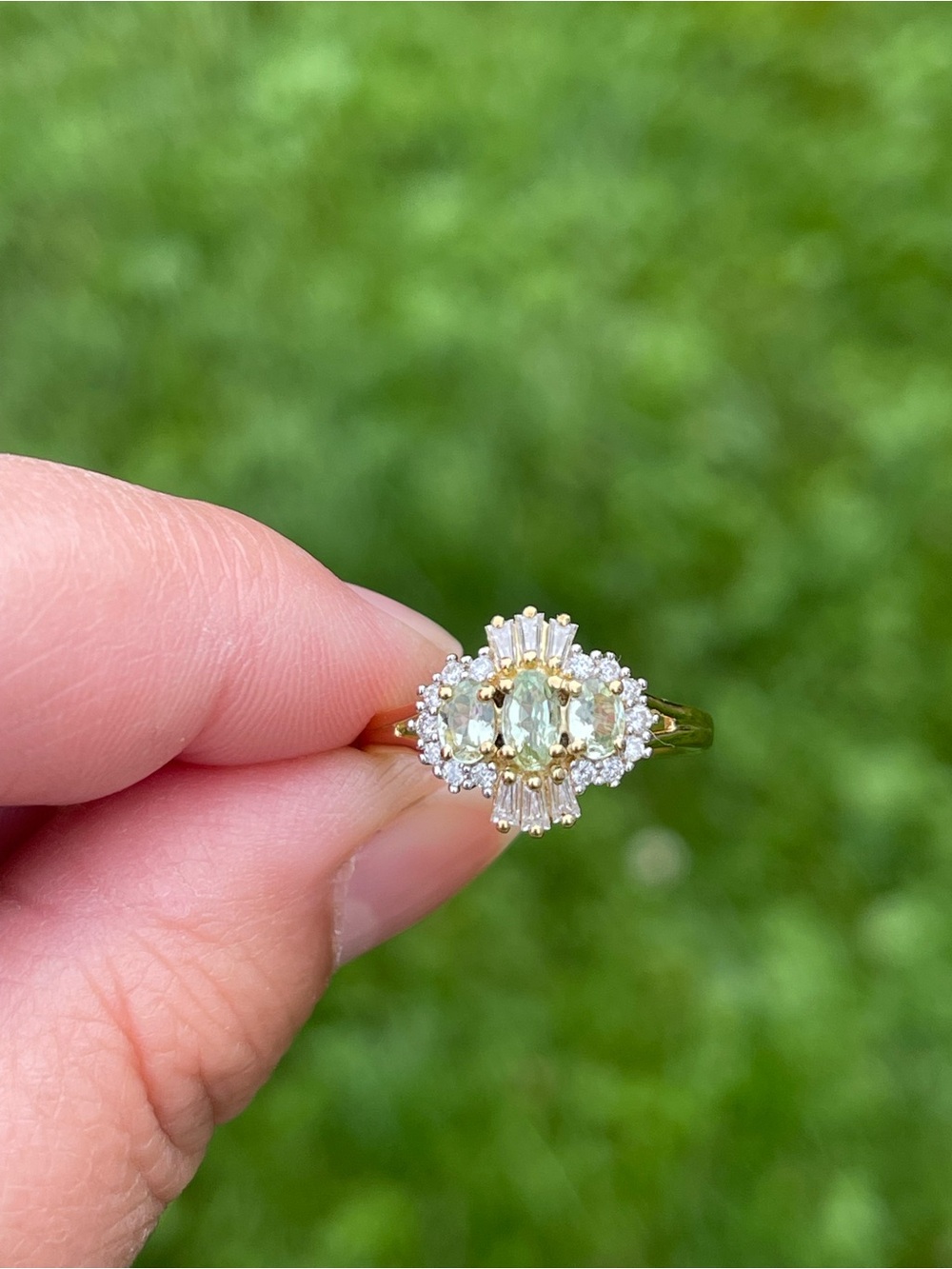 Mint Garnet and Moissanite Ring
